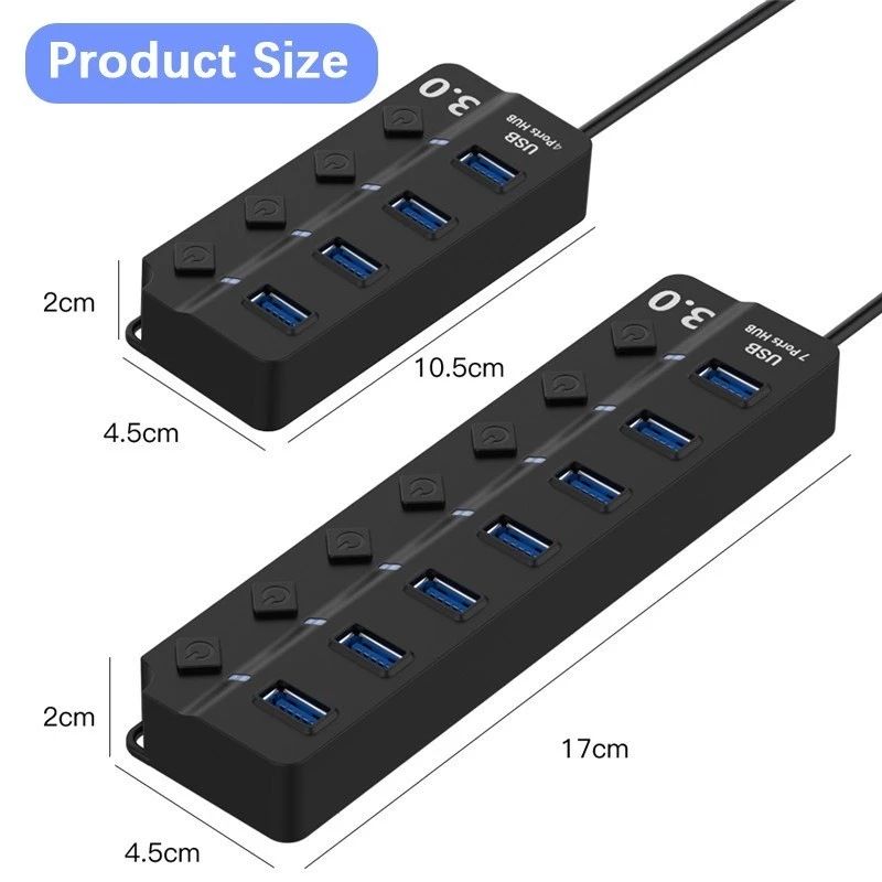 ฮับพอร์ต USB 7in1 USB เป็น USB3.0 USB2.0 แท่นเชื่อมต่อพร้อมสวิตช์เปิด/ปิด การถ่ายโอนข้อมูล 5Gbps ชาร์จไฟ