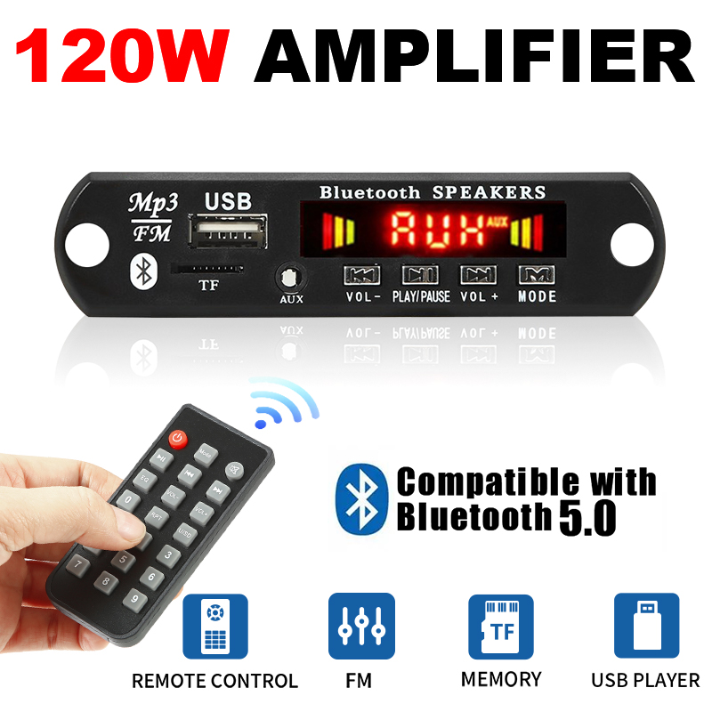 120W เครื่องขยายเสียงบลูทูธ 5.0 บอร์ดเครื่องเล่น 12V DIY MP3 เครื่องเล่นรถวิทยุ FM โมดูล TF USB Mic
