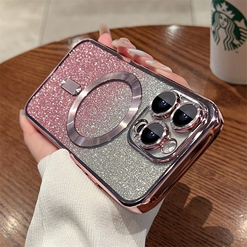 สําหรับ iPhone 11 12 13 14 15 Pro Max Plus Deluxe Glitter Magnetic Clear กันกระแทก TPU Soft Case