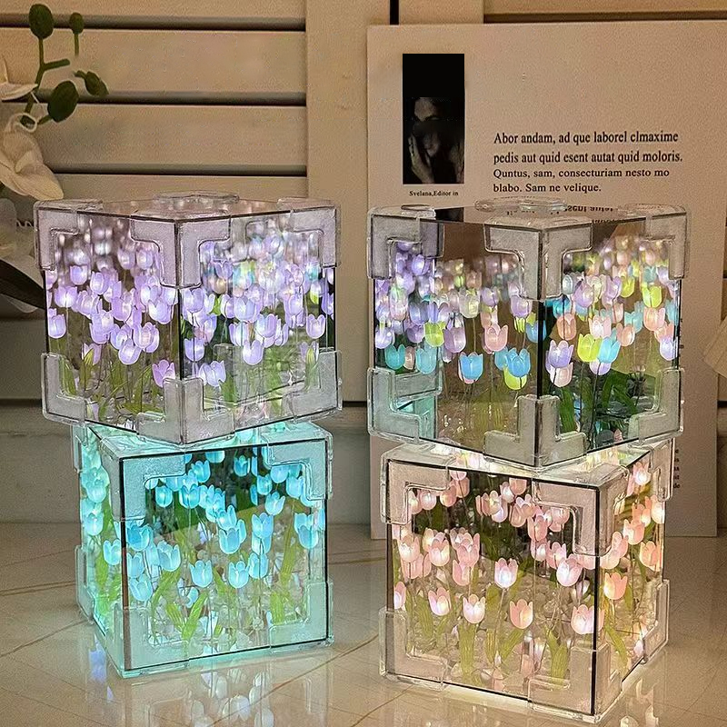 Xiwangfire Creative Rubik 's Cube Tulip Night Light Handmade DIY ดอกไม ้ ทะเลบรรยากาศกระจกอะคริลิค 3D ตกแต ่ งของขวัญ