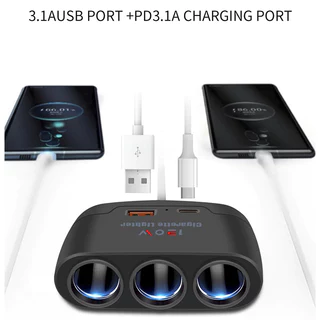 3-in-1 รถปลั๊กชาร์จอะแดปเตอร์ไฟแช็กหลายซ็อกเก็ตซิการ์แจ็ค Splitter Dual Usb Power จําหน่ายชิ้นส่วนภายใน