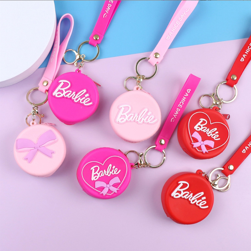 กระเป๋าใส่เหรียญบาร์บี้สีชมพูการ์ตูนซิลิโคน, เคสกุญแจ, กระเป๋าใส่หูฟัง, ที่เก็บของสําหรับเด็ก