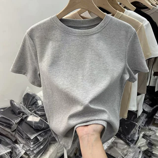 40S 92% ผ้าฝ้าย 8% Spandex Modal เสื้อยืดแขนสั้น Slim Fit ความยืดหยุ่นสูงธรรมดาผู้หญิงสีขาวด้านบน