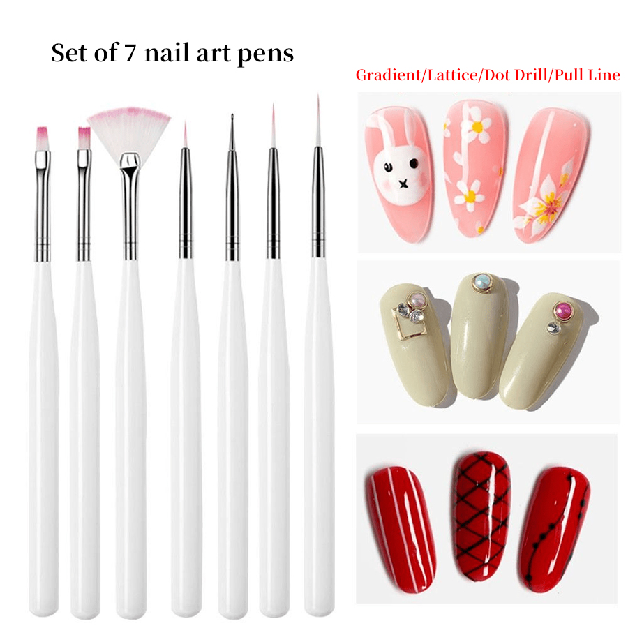 7pcs Nail Art ชุดแปรง,เล็บสีขาว Liner แปรงสําหรับเล็บ,เล็บ Ombre แปรงเล็บแกะสลักปากกาสําหรับเล็บ