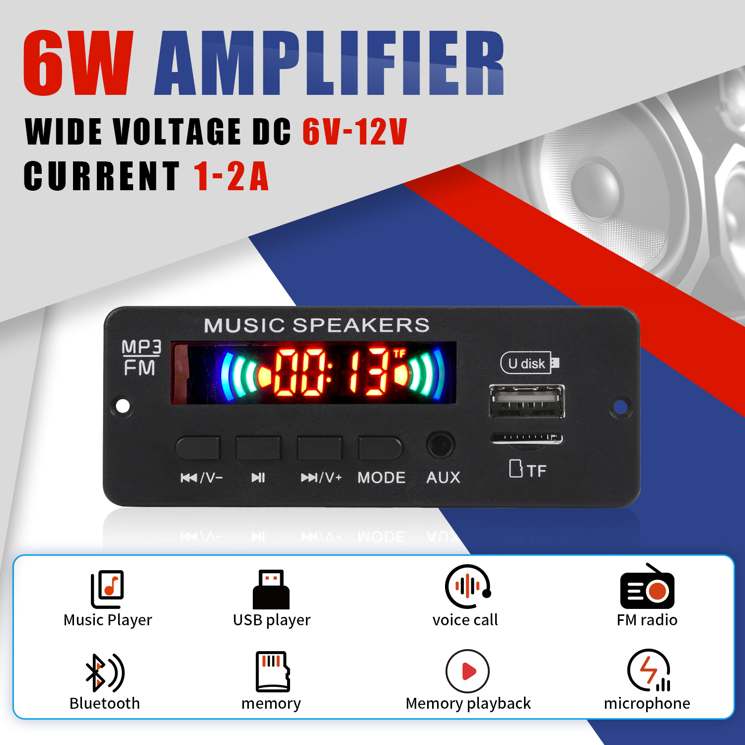 2*3w เครื่องขยายเสียง MP3 เครื่องเล่นถอดรหัส 12V บลูทูธ 5.0 6W เครื่องขยายเสียงรถวิทยุ FM โมดูลสนับสนุน TF USB AUX FM