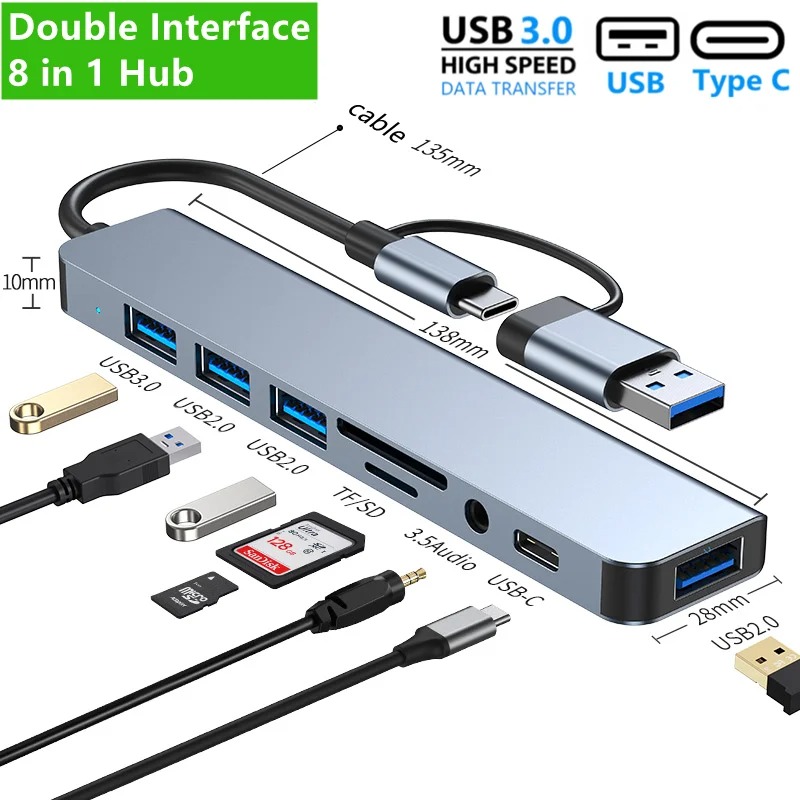 8 พอร์ต USB C Expander USB 3 Hub Type C Splitter Type C Dock อะแดปเตอร์หลายพอร์ต USB Expander สําหรับ Xiaomi โทรศัพท์แท็บเล็ต