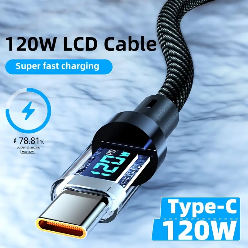120w 6A สายชาร์จชาร์จเร็วจอแสดงผลดิจิตอลโปร่งใสสายเคเบิลข้อมูลส่องสว่าง type-c/c to c เหมาะสําหรับ ip15 Redmi Step High oppo Car Charger