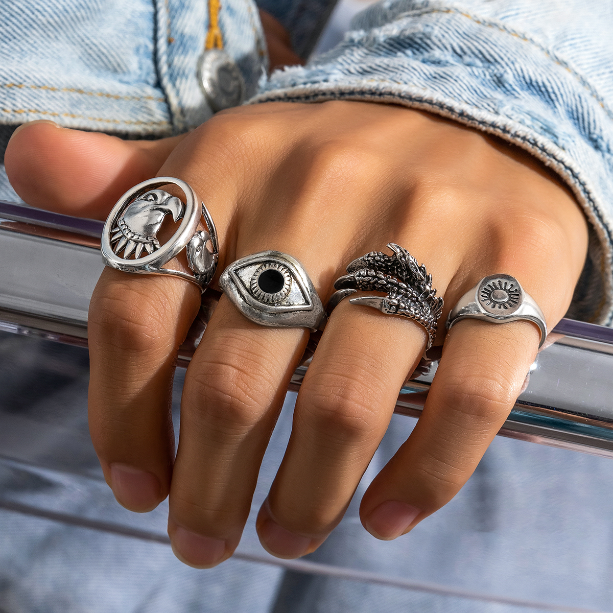 ชุดเครื่องประดับ แหวนนิ้วมือ ลาย Viking Eagle Head and Claw สไตล์วินเทจ แฟชั่นสําหรับผู้ชาย 2024 4 ชิ้น