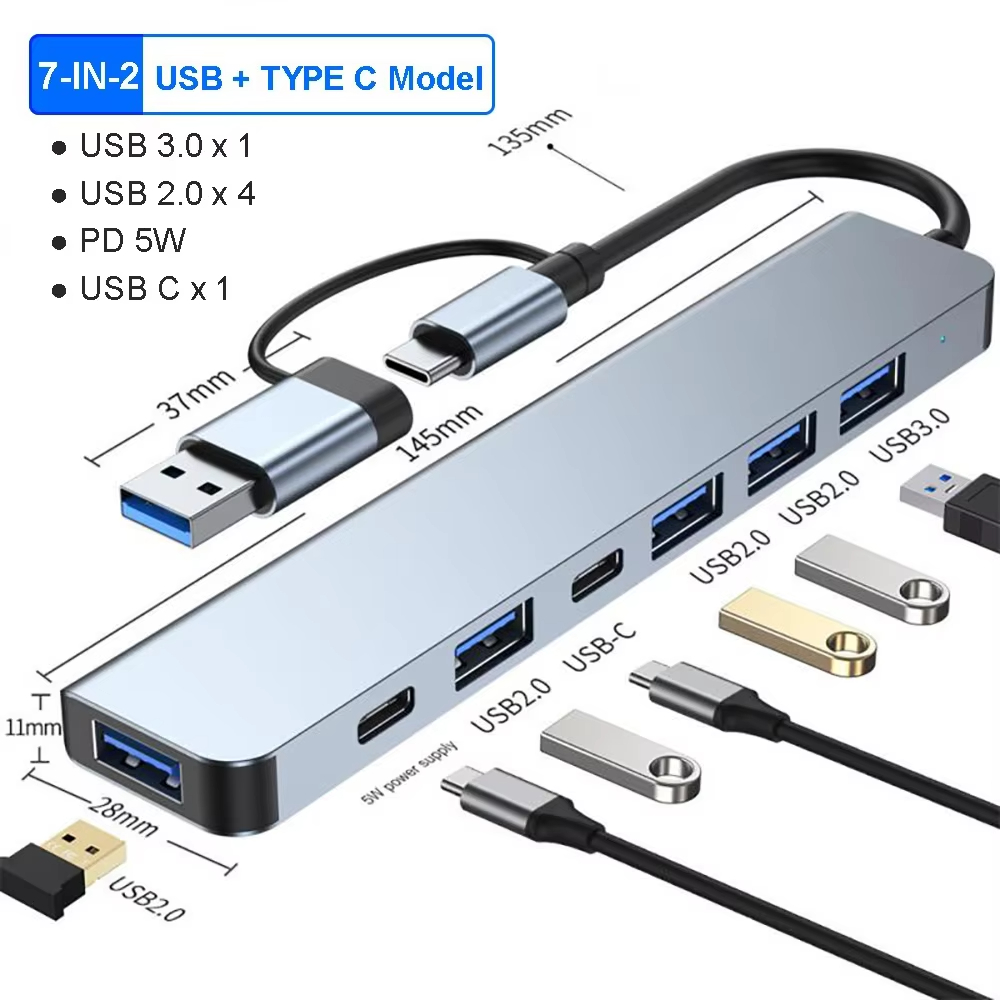 8 In 2 7 In 2 USB/Type C ถึง USB3.0 SD TF 3.5 มม.PD HUB พร้อม USB C Card Reader OTG สําหรับ PC แล็ปท็อป