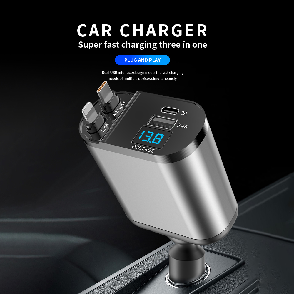 ที่ชาร์จในรถยนต์แบบพับเก็บได้อย่างรวดเร็ว Type C Car Charger Fast Charge 120W 2 สายแบบพับเก็บได้และพอร์ต USB Car Charger Adapter