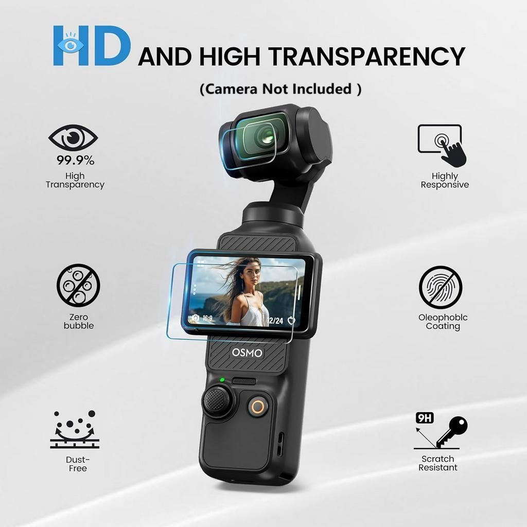 ป้องกันหน้าจอสําหรับ DJI Osmo Pocket 3 Creator Combo 9H ความแข็ง HD ฟิล์มกระจกนิรภัยเลนส์ LCD อุปกรณ์เสริมฤดูหนาว Travel Vlog Essentials [2+2 แพ็ค](ไม่รวมกล้อง)