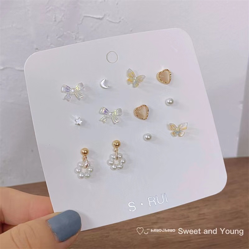 6 คู่/เซ็ต Simple Pearl Moon Bowknot Butterfly Stud ต่างหูชุด Heart Star ต่างหูสําหรับผู้หญิงอุปกรณ์เสริมเครื่องประดับ - รูปที่ 6
