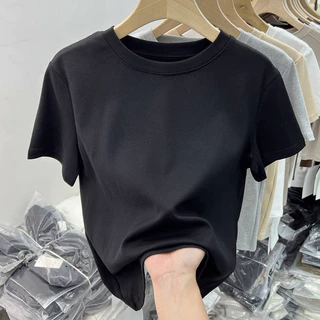 40S 92% ผ้าฝ้าย 8% Spandex Modal เสื้อยืดแขนสั้น Slim Fit ความยืดหยุ่นสูงธรรมดาผู้หญิงสีขาวด้านบน