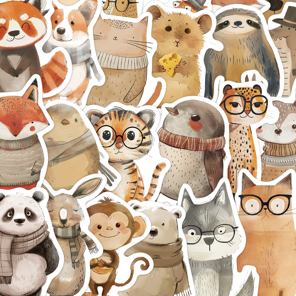 50ชิ้นการ์ตูนน่ารักมือวาดสัตว์คู่มือวัสดุโน๊ตบุ๊คตกแต่งกระเป๋าสร้างสรรค์สติกเกอร์กันน้ําทําเอง