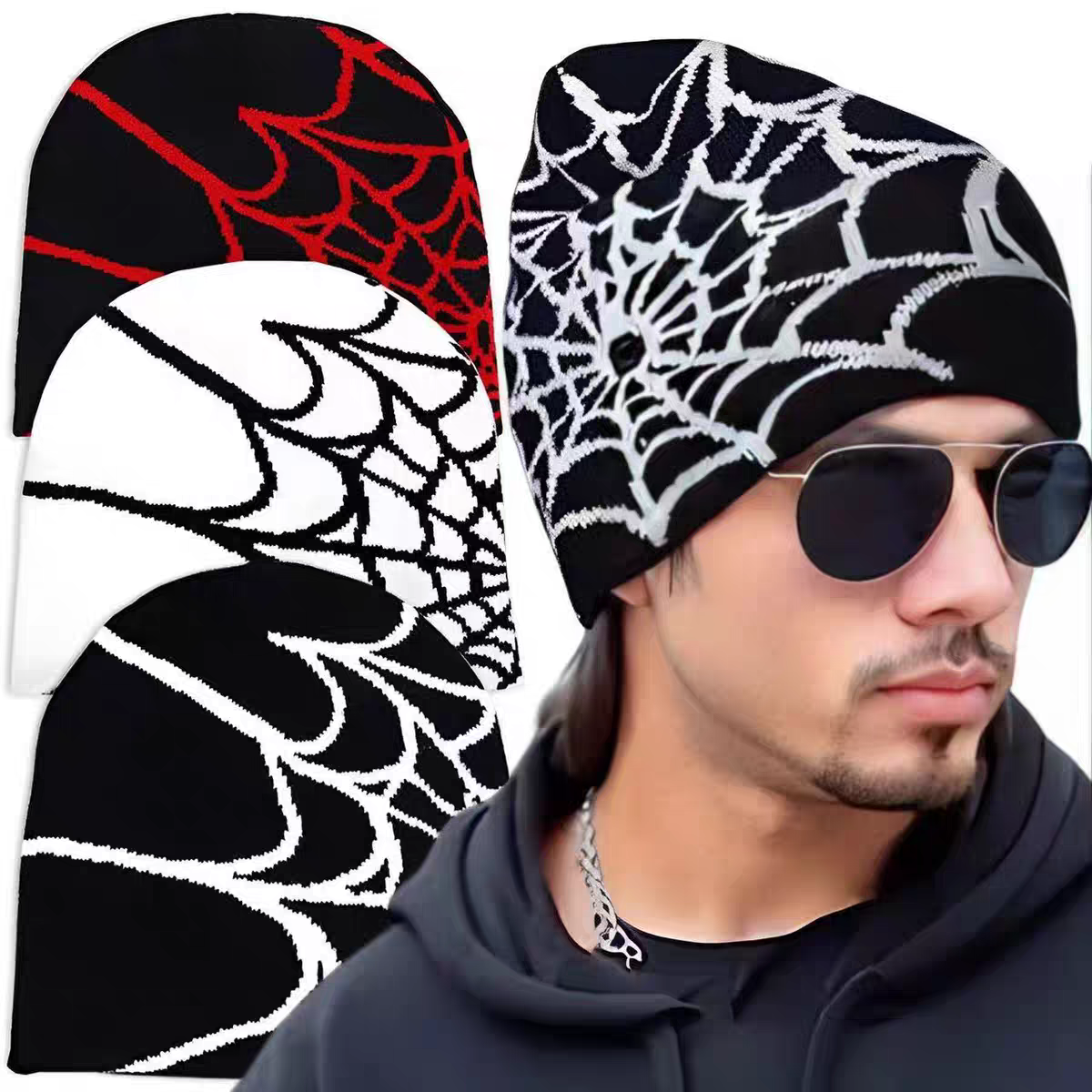 One Piece Street ผู้ชายผู้หญิง Hip-Hop Spider Web Jacquard หมวกถักหมวก Sun หมวกทุกวัน All-Match หมวกอบอุ่น