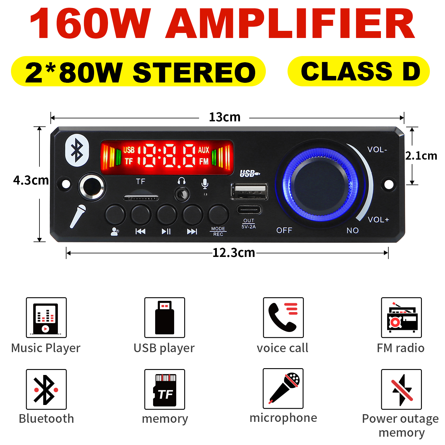 160W เครื่องขยายเสียงบลูทูธ 5.0 MP3 บอร์ดเครื่องเล่นเสียง 12V รถโมดูลวิทยุ FM TF USB Mic