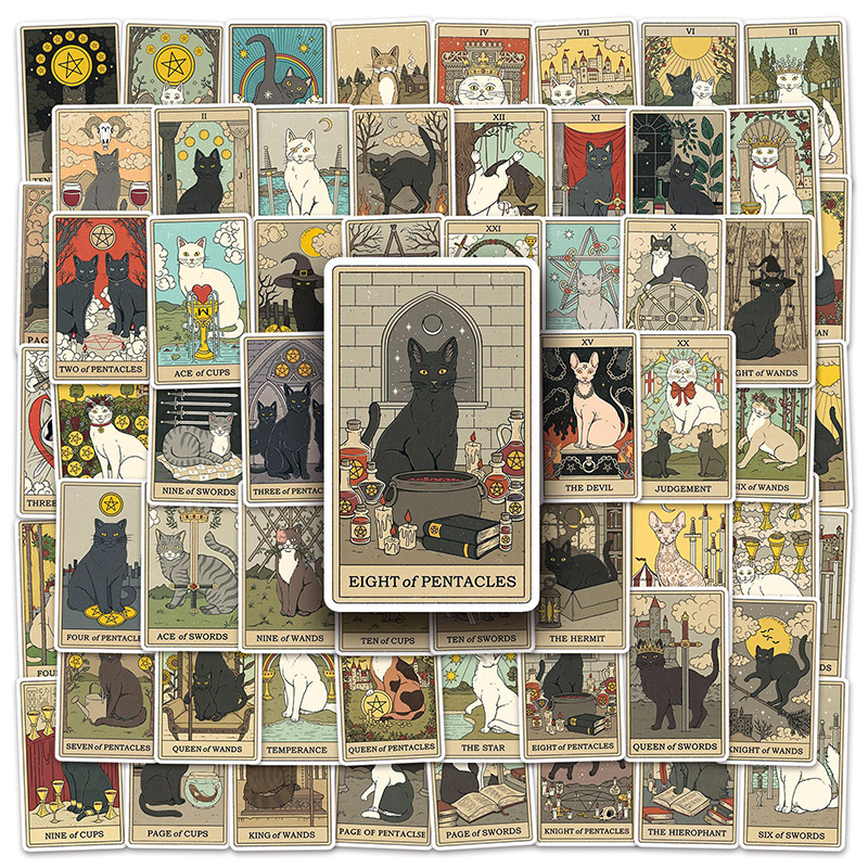 Cat Tarot สติกเกอร์ 78PCS ความงามสติกเกอร์กันน้ําแพ็คน่ารักแล็ปท็อป Tumbler กระเป๋าเดินทางสมุดภาพตกแต่ง Stiker
