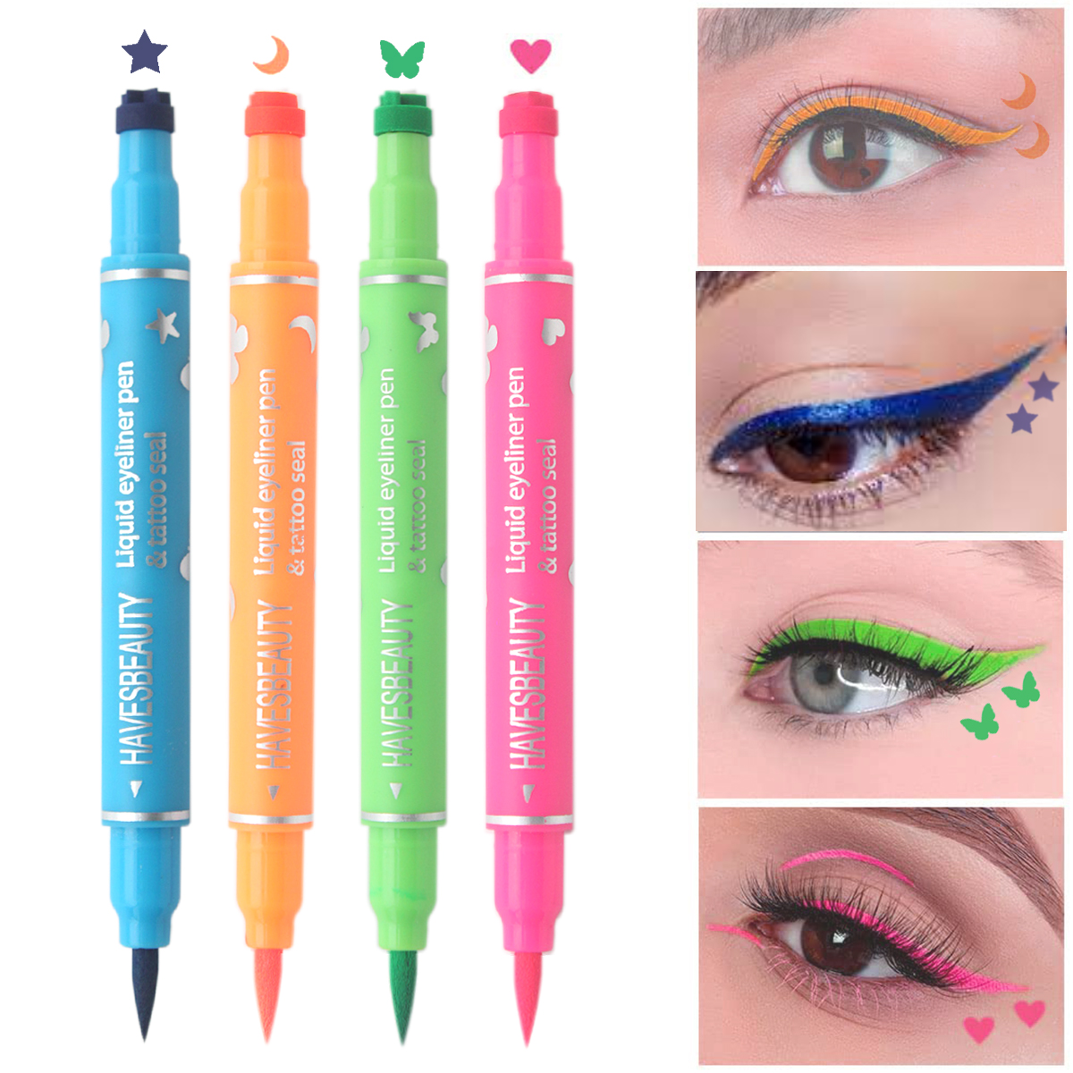 4ชิ้น/เซ็ตของเหลวแสตมป์อายไลเนอร์กันน้ําสีเจลรู้สึกเคล็ดลับอายไลเนอร์กับดาว,หัวใจ,ดวงจันทร์,ผีเสื้อแสตมป์-ผสมสีระบบ บาง วิงไลเนอร์ รูปร่างสําหรับสร้างสรรค์แต่ง