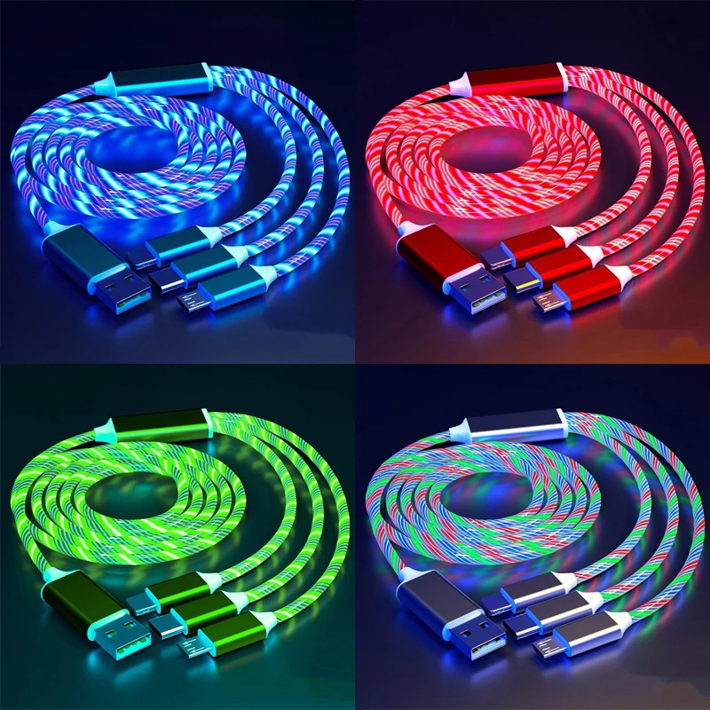 3 IN 1 สายเคเบิล LED สําหรับ Samsung Xiaomi iPhone กระแสไฟไหล ชาร์จเร็ว สาย USB C เรืองแสง ประเภท C