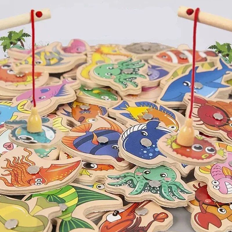Montessori ไม้แม่เหล็กของเล่นตกปลาสําหรับทารกการ์ตูน Marine Life ความรู้ความเข้าใจปลาเกมการศึกษาผู้ปกครอง-เด็ก Interactive