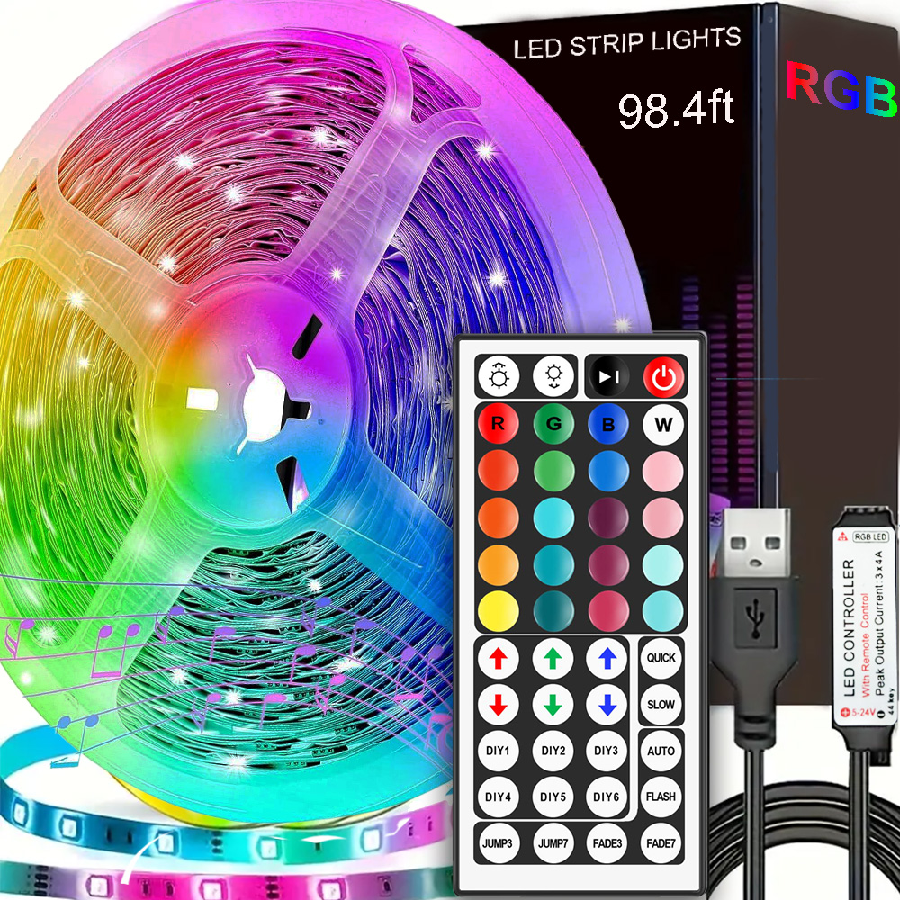 แถบไฟ นํา RGB พร้อมรีโมทคอนโทรล 44 คีย์สีและความสว่างปรับได้เหมาะสําหรับการตกแต่งภายในในบ้านบรรยากาศเทศกาลแสงงานเลี้ยงบรร