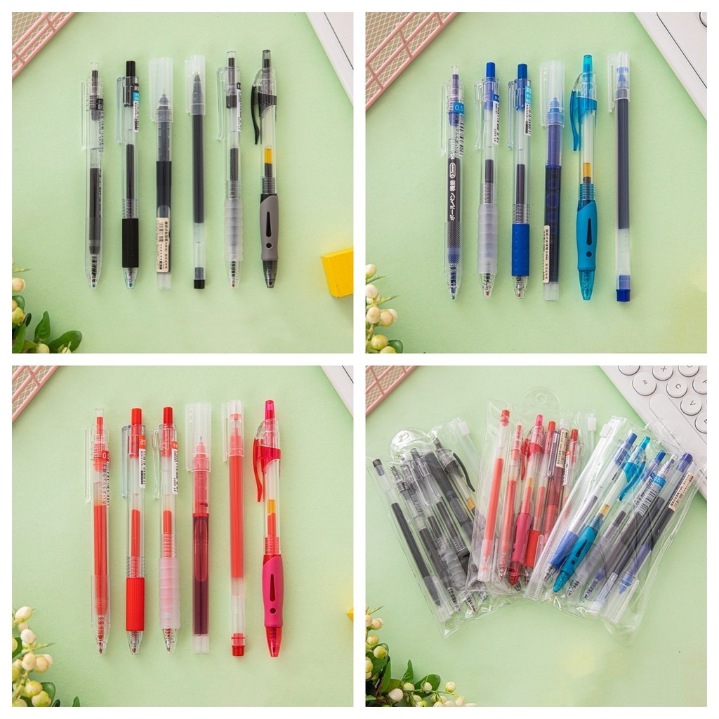 6ชิ้น0.5มิลลิเมตรที่เรียบง่ายแปรงปากกาชุดกระเป๋าปากกาเป็นกลางสอบสีดําสีแดงสีฟ้าปากกา