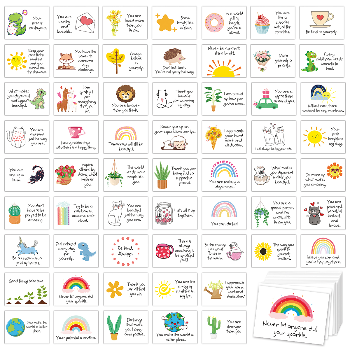 การ์ดกำลังใจ 60 ใบ ข้อความบวกบนกระดาษ เหมาะสำหรับเป็นของขวัญวันเกิด การขอบคุณพนักงานและเพื่อนร่วมงาน มีคำคมสร้างแรงบันดาลใจและภาพประกอบน่ารักหลากสีสัน
