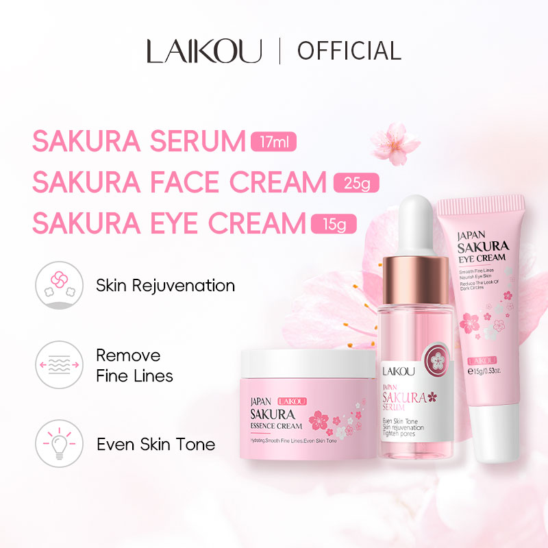 Laikou Sakura Skin Care Set Cherry Blossoms Serum Face Cream ครีมบํารุงรอบดวงตาต่อต้านริ้วรอย Moisturizer ลดถุงใต้ตา [ปราศจากความเค็ม]