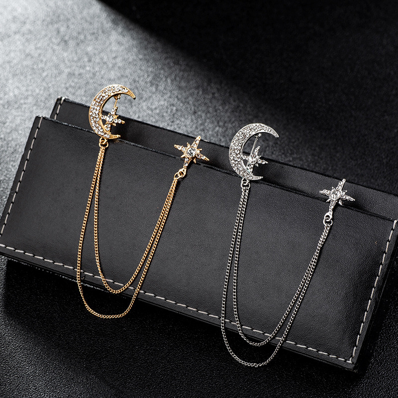 Retro Rhinestone Star Chain เข็มกลัดป้องกันแสงสะท้อนรูปดวงจันทร์เสื้อสูทปุ่ม Corsage Pin อุปกรณ์เสริม