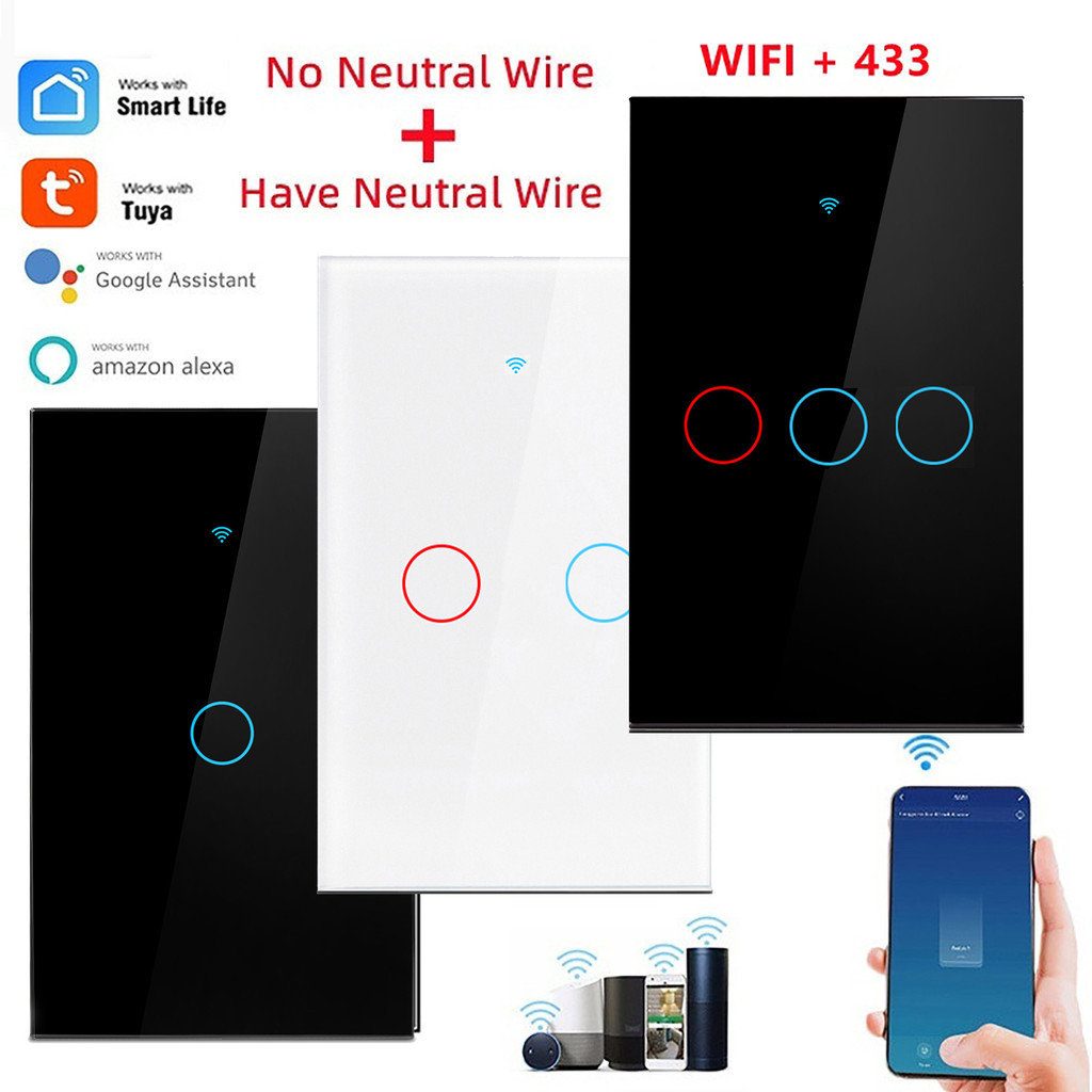 Tuya WiFi US สวิตช์ไฟอัจฉริยะสายเป็นกลาง/ไม่ต้องใช้สายไฟเป็นกลาง 120 ประเภทสวิตช์สัมผัสผนังทํางานร่วมกับ Alexa, Google Home