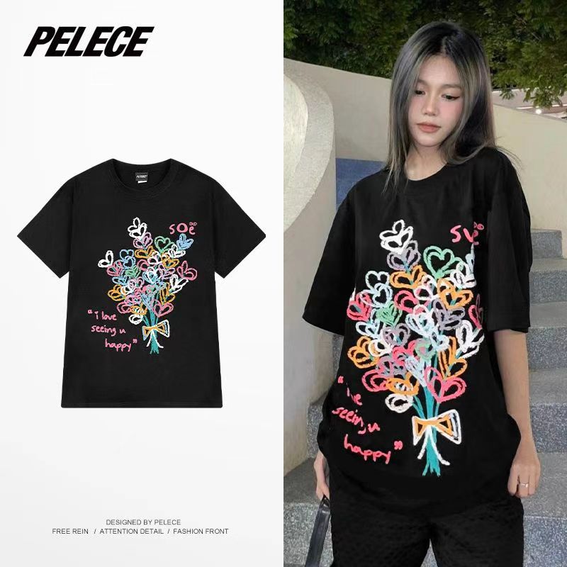 Love Bouquet แฟชั่นพิมพ์แขนสั้นเสื้อยืดผู้หญิงฤดูร้อนสไตล์ใหม่หลวมสบายผ้าไหมน้ําแข็ง Cool Feeling Cool ins Top