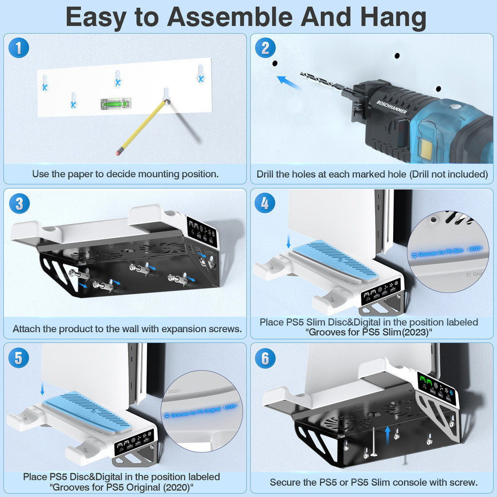 ขาตั้งติดผนังสําหรับ PS5 PRO/Slim/PS5 พร้อมแท่นชาร์จคู่ 3 พอร์ต USB และที่วางหูฟัง - รูปที่ 3