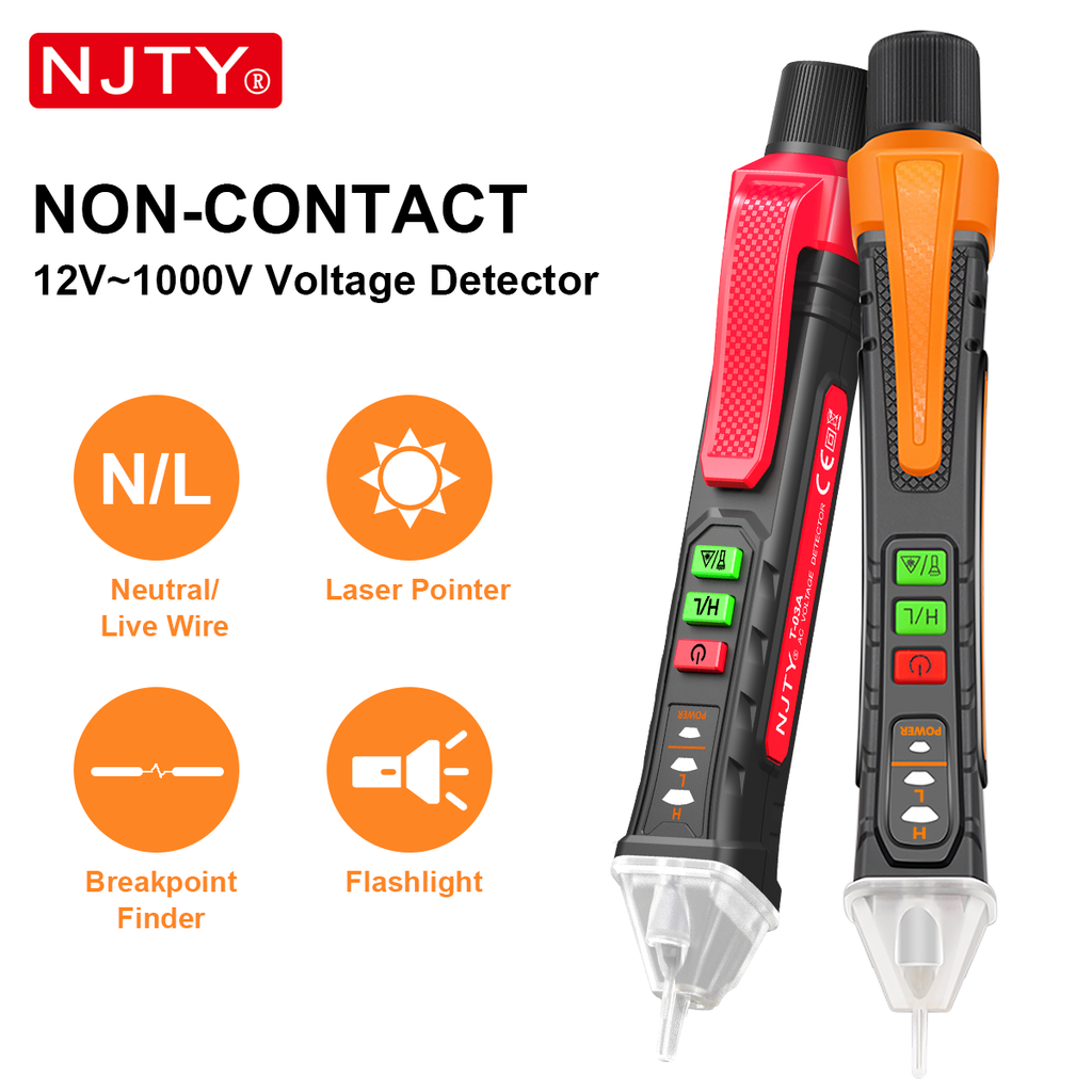 NJTY เครื่องทดสอบแรงดันไฟฟ้าแบบไม่สัมผัส - Dual Range AC 12V/48V-1000V ปากกาไฟฟ้าพร้อม Buzzer Alarm, Circuit Break Finder, และการทดสอบสายไฟสด/Null สําหรับวินิจฉัยไฟฟ้าที่ปลอดภัย