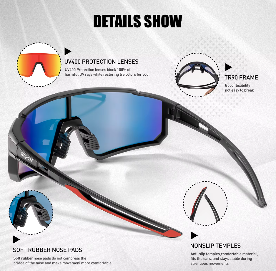 Scvcn ยูวี400 แว่นตากันแดดสําหรับขี่จักรยานสําหรับผู้ชายฤดูร้อนกีฬากลางแจ้งแว่นตาจักรยานป้องกันมีสไตล์และความสะดวกสบายสีดํา - รูปที่ 5