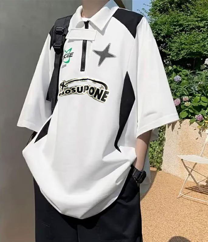 เสื้อโปโลพิมพ์ลายถนนเสื้อยืดหลวม Alphanumeric ครึ่งแขน Harajuku ชายคู่