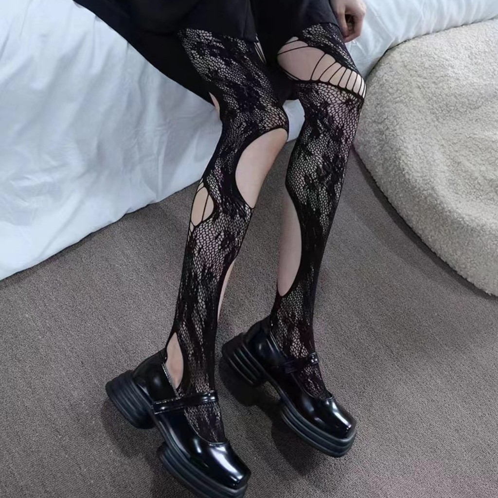Ripped Pantyhose Hollow Fishnet Rose Millennium สาวร้อน ins อินเทรนด์การออกแบบเฉพาะไม่สมมาตรถุงน่องสีดํา