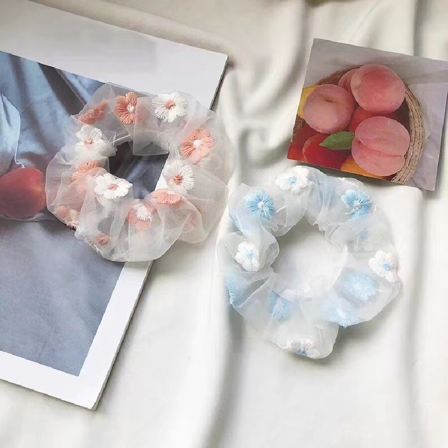 1 PC ใหม่เย็บปักถักร้อยดอกไม้ยืดหยุ่น scrunchie แฟชั่นสาวตาข่ายอุปกรณ์เสริมผมทุกวันผมแต่งตัว headwear