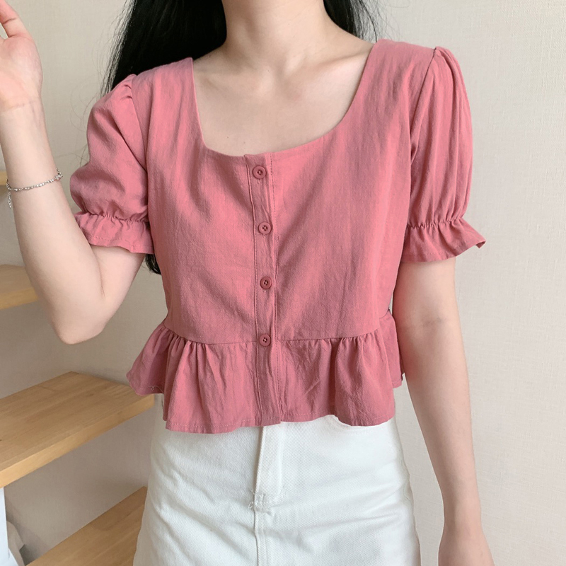 สั้น น่าระทึกใจ เสื้อแขนสั้นผู้หญิงสูงเอวออกแบบพัฟแขนด้านบน