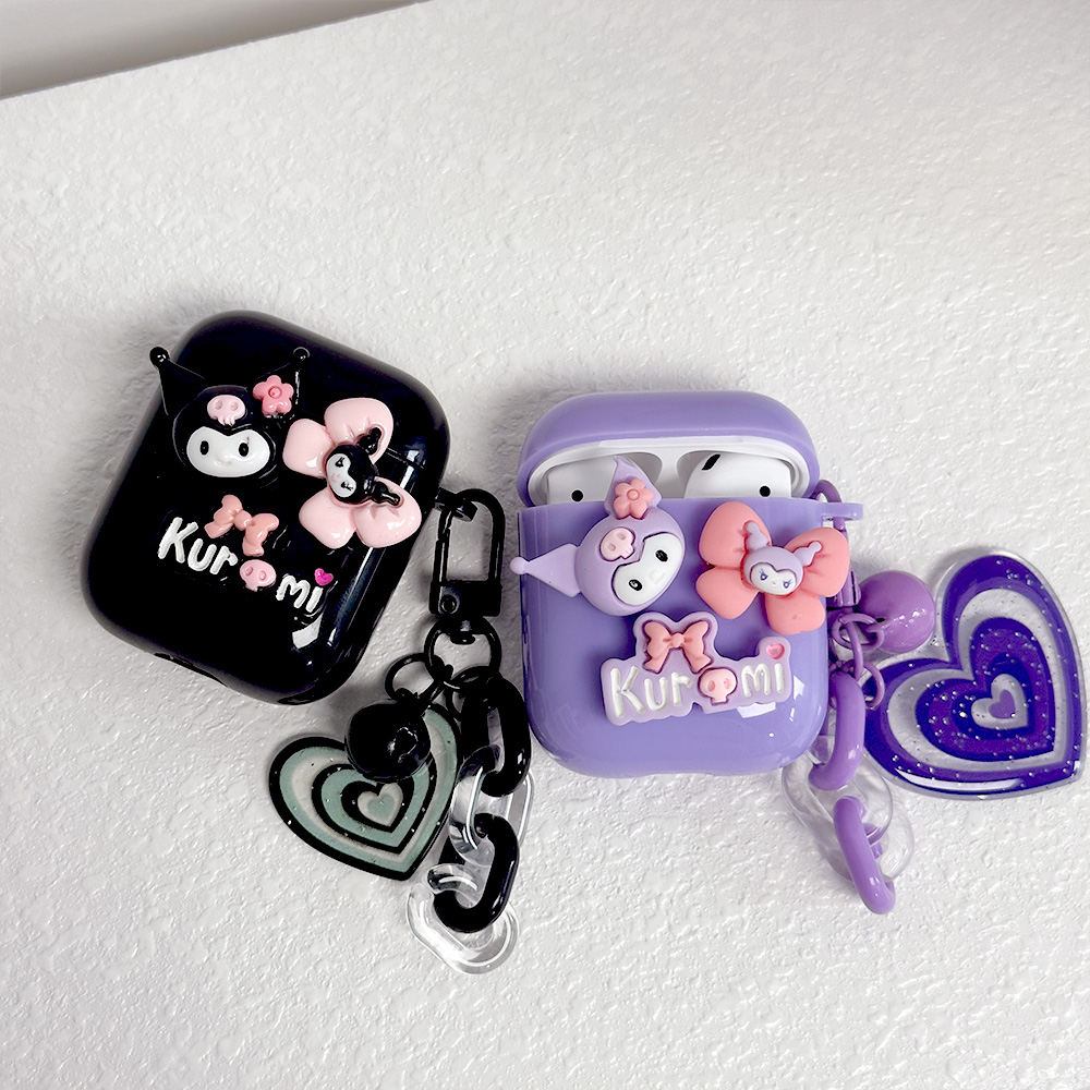 3d Kuromi Love Heart จี้หูฟังสําหรับ Airpods 1 2 3 Airpod Pro 2 หูฟังไร้สายบลูทูธนุ่มสีม่วงป้องกันสิ่งสกปรกชุดหูฟังฝาครอบป้องกัน ไม่มีหูฟัง!