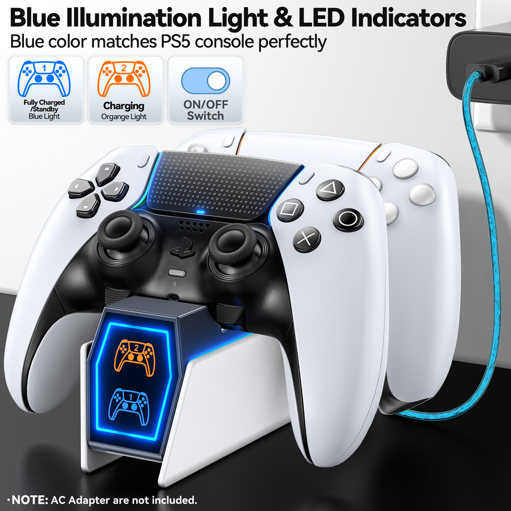สถานีชาร์จคอนโทรลเลอร์สําหรับ Playstation 5 Edge & Dual Controller, สถานีชาร์จอุปกรณ์เสริม PS5 พร้อมสายชาร์จ, เครื่องชาร์จคอนโทรลเลอร์ PS5 พร้อมตัวบ่งชี้ LED