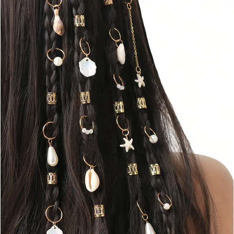 ผู้หญิง Dreadlock แหวนผม 26 ชิ้นเปลือกเลียนแบบ Star Pearl สําหรับชายหาดวันหยุดฤดูร้อน Boho เครื่องประดับผม
