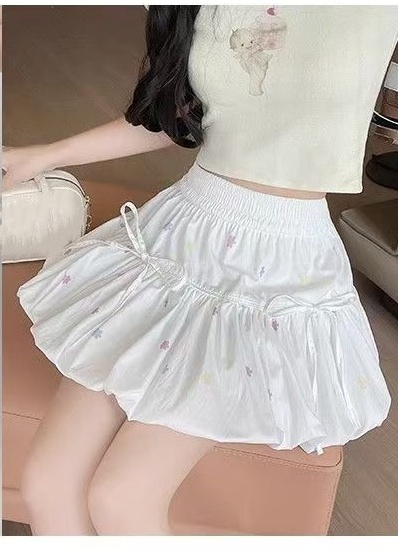 Bowknot Cloud Pettiskirt หญิงฤดูร้อนสไตล์หวาน Girly เอวสูงกระโปรงดอกตูมกระโปรงโคมไฟ