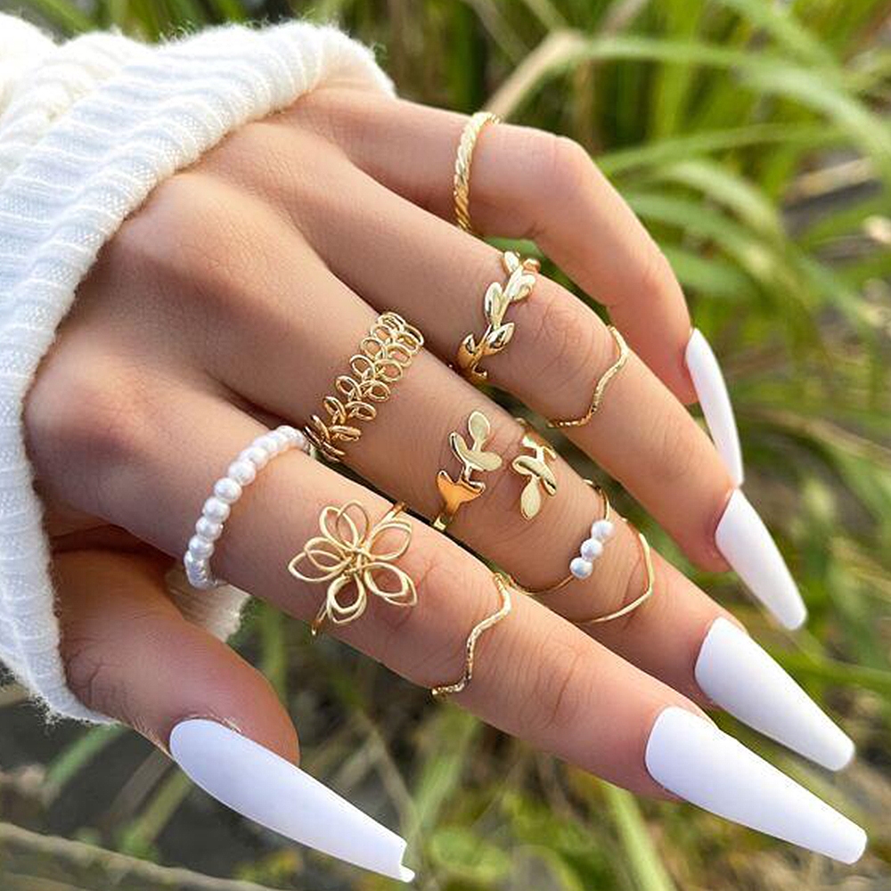 10ชิ้น/เซ็ตส่วนบุคคลดอกไม้ใบแหวนชุดแหวนทองมุกสําหรับผู้หญิงอุปกรณ์เครื่องประดับ