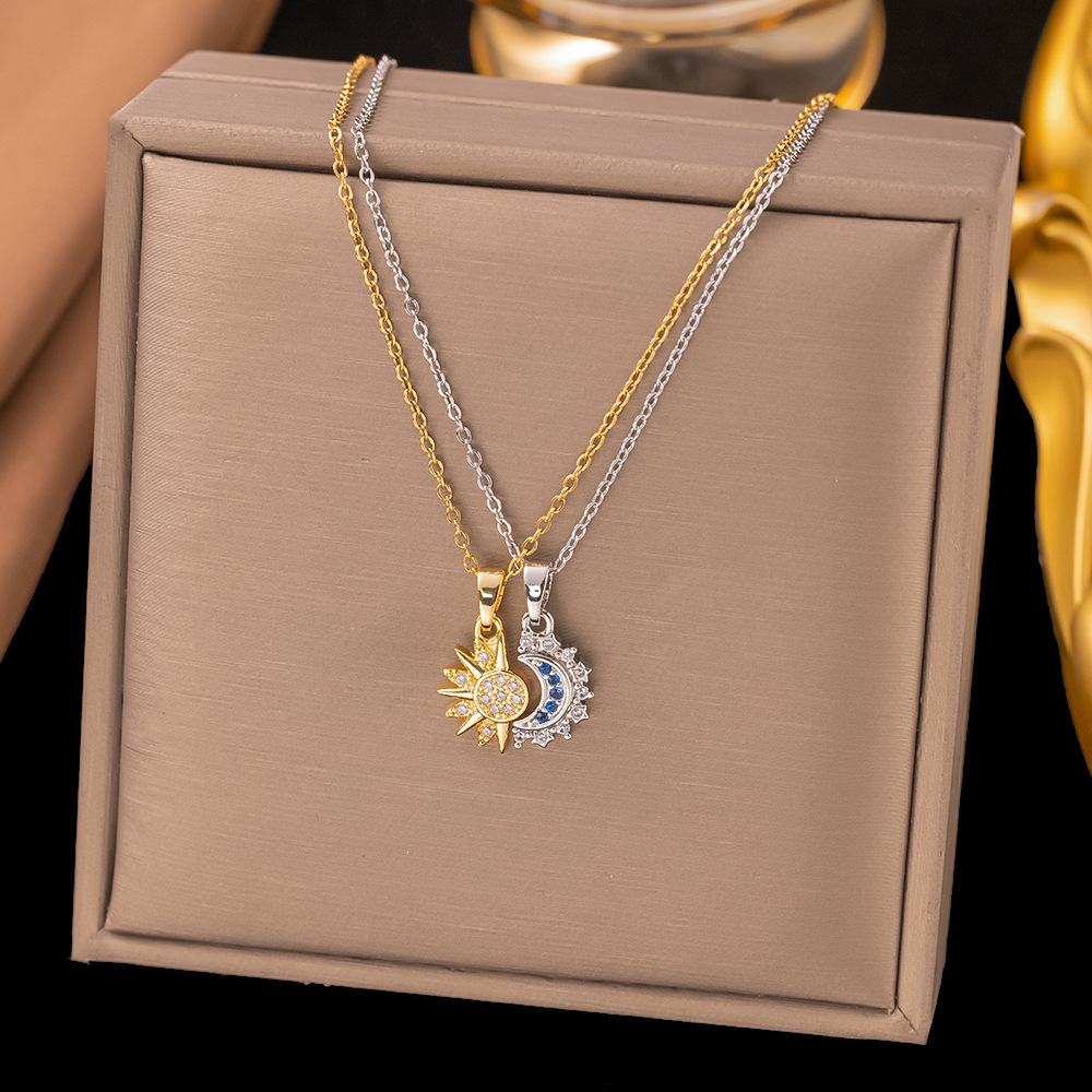คู่ Sun Moon จี้สร้อยคอยาวสําหรับผู้หญิง Gold Matching Love คู่เครื่องประดับสําหรับเขาของเธอ