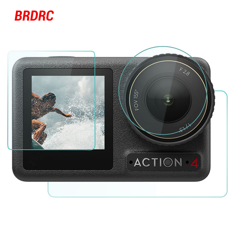 Brdrc ฟิล์มกระจกนิรภัยสําหรับ DJI Osmo Action 4 HD Sensitive ด้านหน้าด้านหลังป้องกันหน้าจอฟิล์มสําหรับ DJI Action 4 กล้องเลนส์อุปกรณ์เสริม