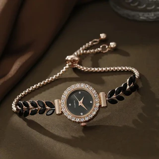 นาฬิกา Leaf Design คริสตัล Studded สร้อยข้อมือแบบปรับได้แฟชั่นผู้หญิงหรูหรา