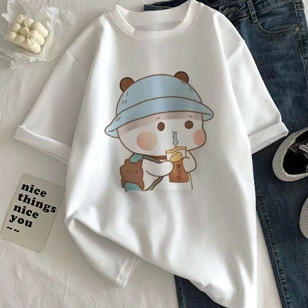 เสื้อยืดสีขาวผู้หญิงฤดูร้อนขายร้อนเสื้อยืดแขนสั้น Fat House Water Bear พิมพ์นักเรียน Slim-