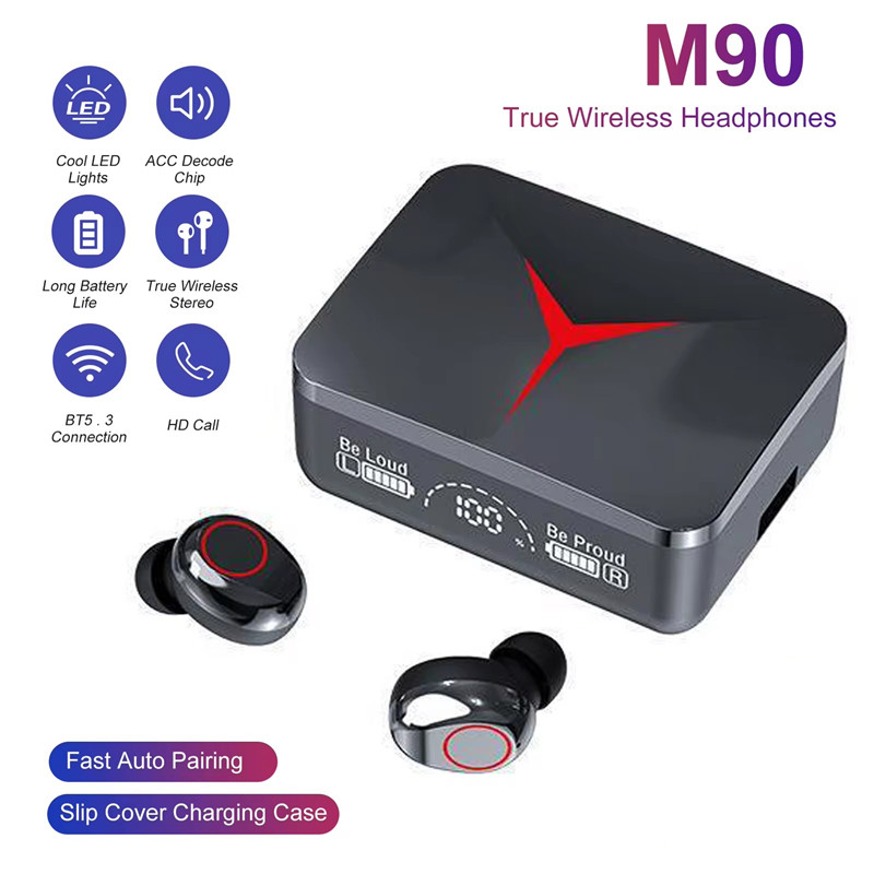 Original TWS M90 หูฟังไร้สายหูฟังสําหรับเล่นเกมบลูทูธกีฬาหูฟังชุดหูฟังเพลงสําหรับ