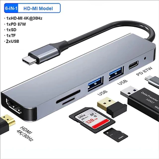 Type C Hub 6 in 1 TF SD Card Reader อะแดปเตอร์สําหรับแล็ปท็อป PC Multi Port HDMI 4K USB3.0 100W PD Charge