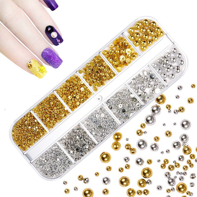 เครื่องประดับเล็บสีเงินและสีทอง, มุกเล็บแบบแบนหลังครึ่งวงกลมขนาด 1.5-5 มม., อุปกรณ์ตกแต่งเรซินน้ำและคริสตัลสำหรับงานฝีมือใบหน้า ผม และเล็บ DIY, 3D มินิบอลโลหะขนาดเล็กสีทองเงินจากสแตนเลส ราคา ถูกที่สุด ดีลบีเคเค